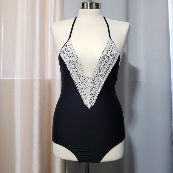 Ella Moss Other - Black deep v lace trim one piece
